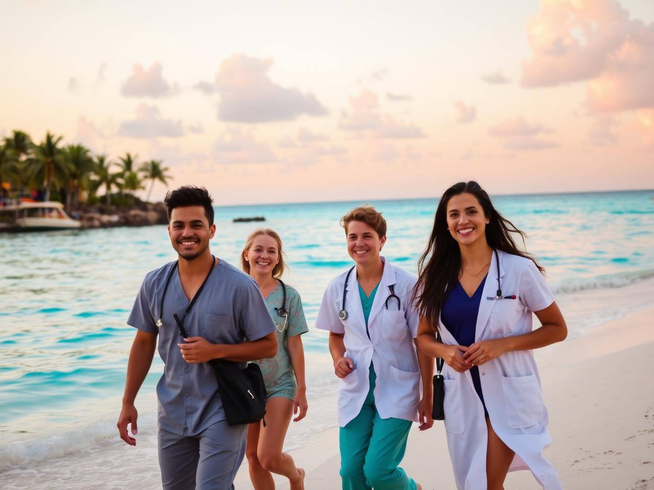 Students on an Aruba beach at sunset